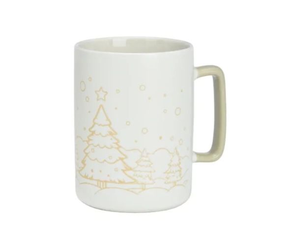 Mug porcelaine blanc mat illustration dorée gravée forêt sapins enneigés étoile flocons anse verte Noël 450ml