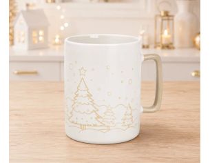 Mug porcelaine blanc mat illustration dorée gravée forêt sapins enneigés étoile flocons anse verte Noël 450ml