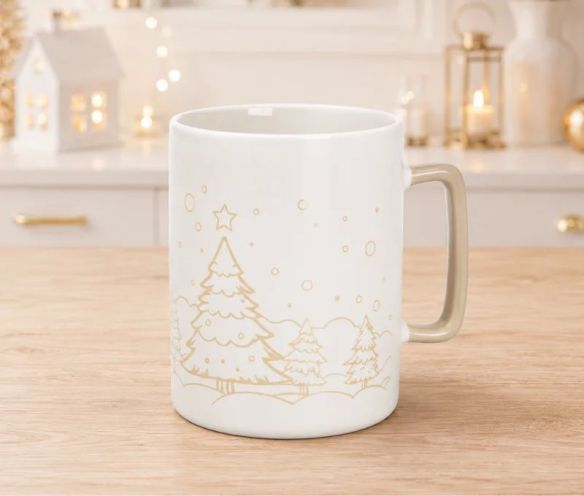 Mug porcelaine blanc mat illustration dorée gravée forêt sapins enneigés étoile flocons anse verte Noël 450ml