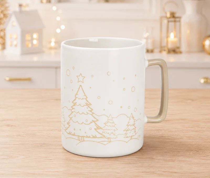 Mug porcelaine blanc mat illustration dorée gravée forêt sapins enneigés étoile flocons anse verte Noël 450ml