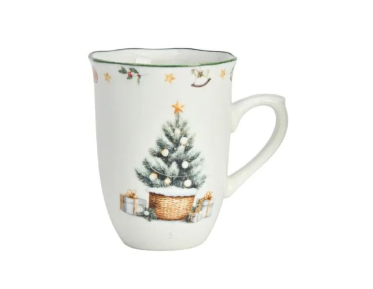 Tasse porcelaine blanche vintage sapin enneigé cadeaux étoile dorée frise houx étoiles liseré vert Noël 320ml
