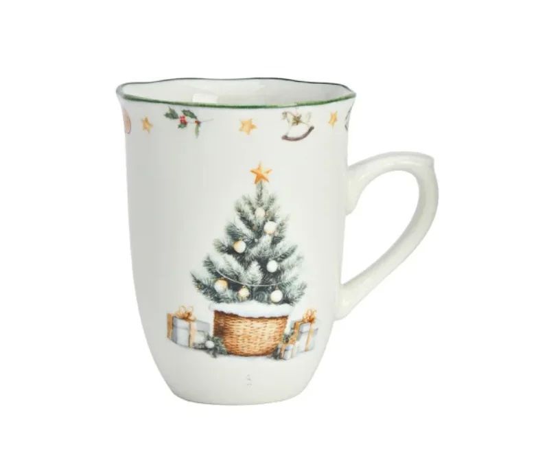 Tasse porcelaine blanche vintage sapin enneigé cadeaux étoile dorée frise houx étoiles liseré vert Noël 320ml