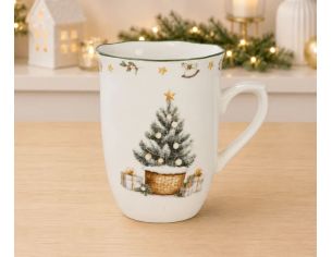 Tasse porcelaine blanche vintage sapin enneigé cadeaux étoile dorée frise houx étoiles liseré vert Noël 320ml