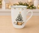 Voir la slide Tasse porcelaine blanche vintage sapin enneigé cadeaux étoile dorée frise houx étoiles liseré vert Noël 320ml