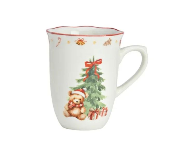 Tasse porcelaine blanche vintage ourson bonnet rouge sapin nœud rouge cadeaux frise cloches étoiles liseré rouge Noël 320ml