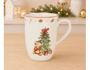 Tasse porcelaine blanche vintage ourson bonnet rouge sapin nœud rouge cadeaux frise cloches étoiles liseré rouge Noël 320ml