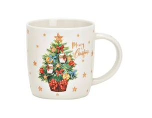 Tasse porcelaine blanche sapin Noël décoré boules rouges nœuds vichy étoiles dorées inscription Merry Christmas 360ml
