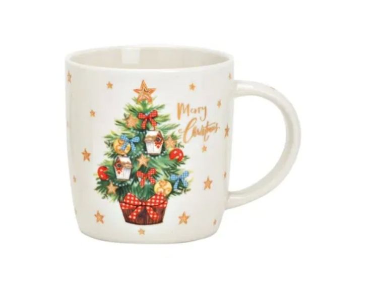 Tasse porcelaine blanche sapin Noël décoré boules rouges nœuds vichy étoiles dorées inscription Merry Christmas 360ml