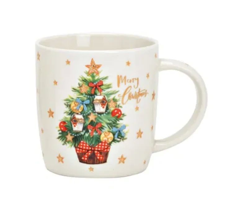 Tasse porcelaine blanche sapin Noël décoré boules rouges nœuds vichy étoiles dorées inscription Merry Christmas 360ml