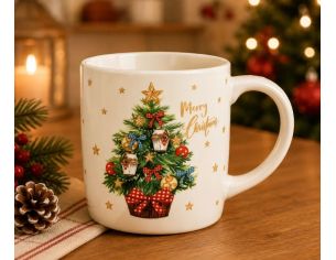 Tasse porcelaine blanche sapin Noël décoré boules rouges nœuds vichy étoiles dorées inscription Merry Christmas 360ml
