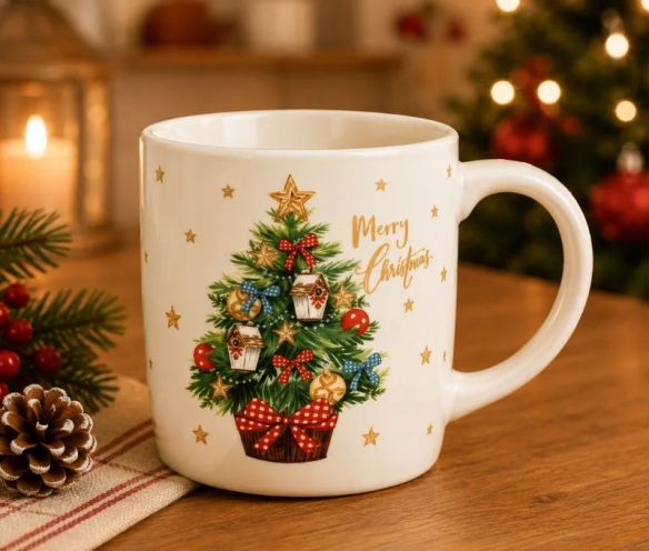 Tasse porcelaine blanche sapin Noël décoré boules rouges nœuds vichy étoiles dorées inscription Merry Christmas 360ml