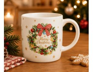 Tasse porcelaine blanche couronne Noël houx baies rouges boules nœud vichy rouge inscription Merry Christmas dorée étoiles 360ml