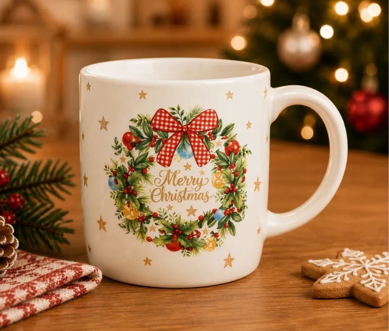 Tasse porcelaine blanche couronne Noël houx baies rouges boules nœud vichy rouge inscription Merry Christmas dorée étoiles 360ml