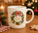 Voir la slide Tasse porcelaine blanche couronne Noël houx baies rouges boules nœud vichy rouge inscription Merry Christmas dorée étoiles 360ml