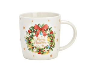Tasse porcelaine blanche couronne Noël houx baies rouges boules nœud vichy rouge inscription Merry Christmas dorée étoiles 360ml