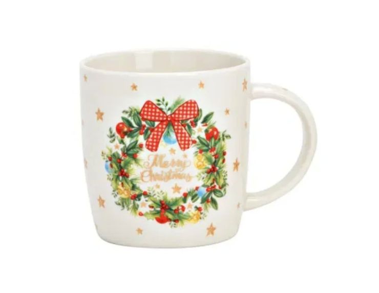 Tasse porcelaine blanche couronne Noël houx baies rouges boules nœud vichy rouge inscription Merry Christmas dorée étoiles 360ml