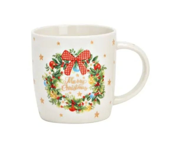Tasse porcelaine blanche couronne Noël houx baies rouges boules nœud vichy rouge inscription Merry Christmas dorée étoiles 360ml