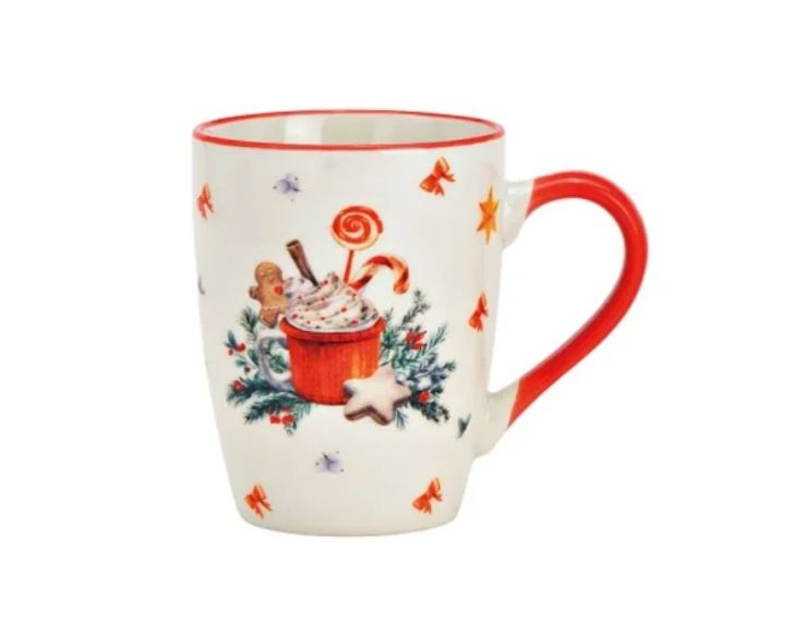 Mug porcelaine blanc liseré rouge illustration chocolat chaud crème pain épices sucre orge étoiles nœuds Noël 340ml
