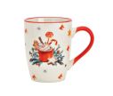 Voir la slide Mug porcelaine blanc liseré rouge illustration chocolat chaud crème pain épices sucre orge étoiles nœuds Noël 340ml