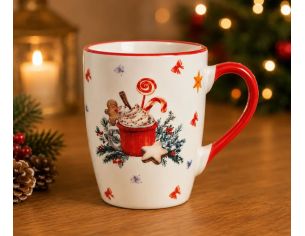 Mug porcelaine blanc liseré rouge illustration chocolat chaud crème pain épices sucre orge étoiles nœuds Noël 340ml