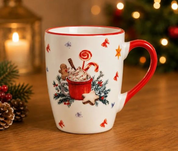 Mug porcelaine blanc liseré rouge illustration chocolat chaud crème pain épices sucre orge étoiles nœuds Noël 340ml