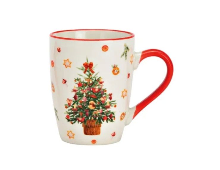 Mug porcelaine blanc liseré rouge sapin Noël décoré nœuds rouges boules oranges étoiles étoiles sablées anse rouge 340ml