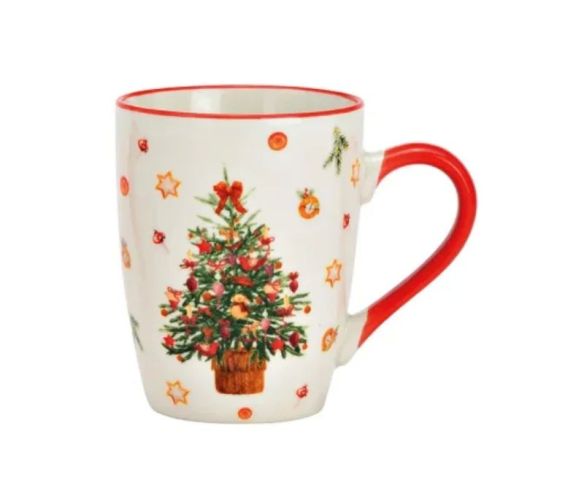 Mug porcelaine blanc liseré rouge sapin Noël décoré nœuds rouges boules oranges étoiles étoiles sablées anse rouge 340ml