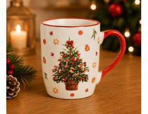 Mug porcelaine blanc liseré rouge sapin Noël décoré nœuds rouges boules oranges étoiles étoiles sablées anse rouge 340ml
