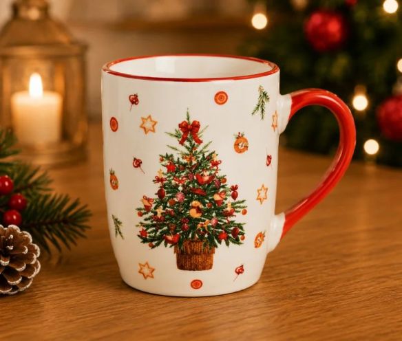 Mug porcelaine blanc liseré rouge sapin Noël décoré nœuds rouges boules oranges étoiles étoiles sablées anse rouge 340ml