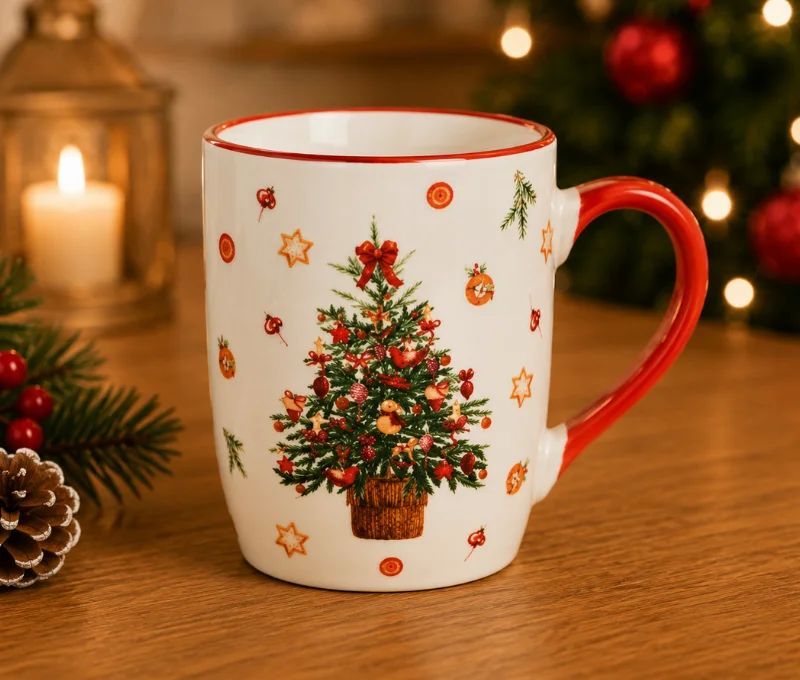 Mug porcelaine blanc liseré rouge sapin Noël décoré nœuds rouges boules oranges étoiles étoiles sablées anse rouge 340ml