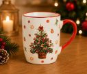 Voir la slide Mug porcelaine blanc liseré rouge sapin Noël décoré nœuds rouges boules oranges étoiles étoiles sablées anse rouge 340ml