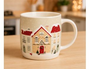 Tasse porcelaine beige village Noël maisons enneigées toits rouges guirlandes lumineuses flocons neige 400ml