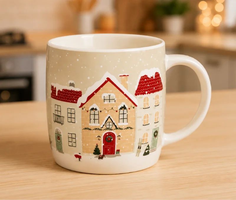 Tasse porcelaine beige village Noël maisons enneigées toits rouges guirlandes lumineuses flocons neige 400ml