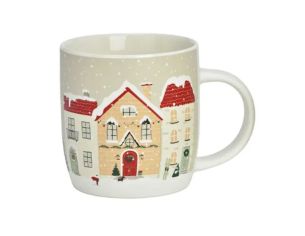 Tasse porcelaine beige village Noël maisons enneigées toits rouges guirlandes lumineuses flocons neige 400ml