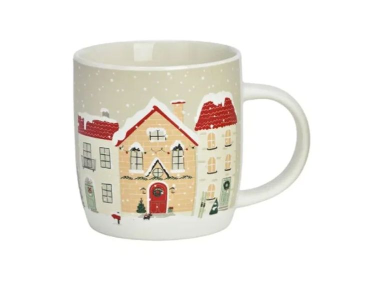 Tasse porcelaine beige village Noël maisons enneigées toits rouges guirlandes lumineuses flocons neige 400ml