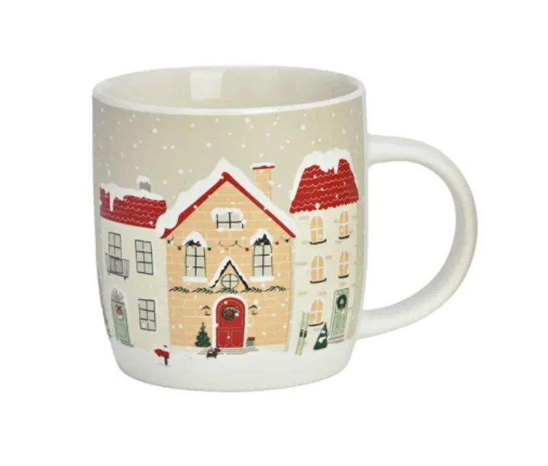 Tasse porcelaine beige village Noël maisons enneigées toits rouges guirlandes lumineuses flocons neige 400ml