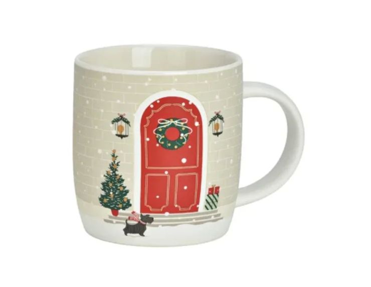 Tasse porcelaine beige porte rouge Noël couronne houx sapin décoré petit chien lanterne flocons neige 400ml