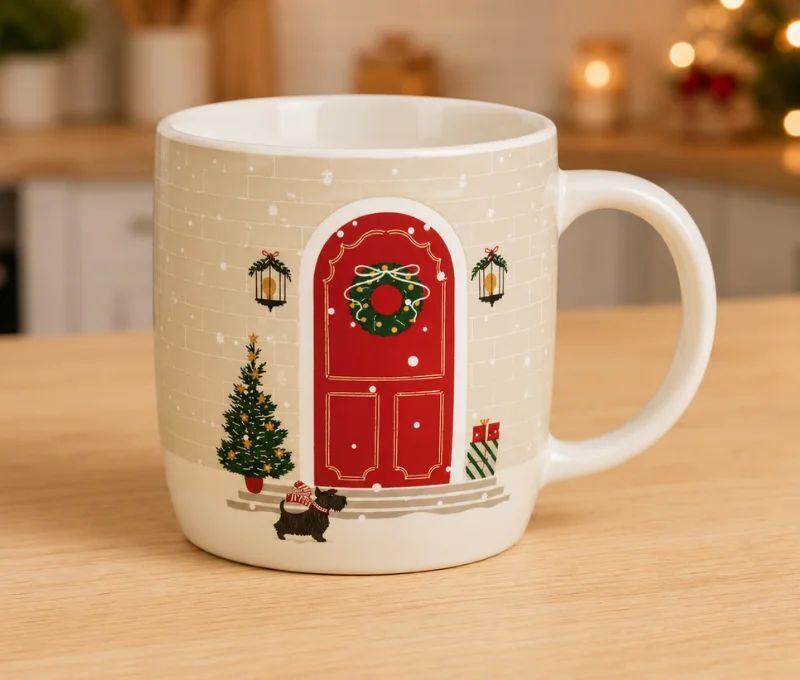 Tasse porcelaine beige porte rouge Noël couronne houx sapin décoré petit chien lanterne flocons neige 400ml
