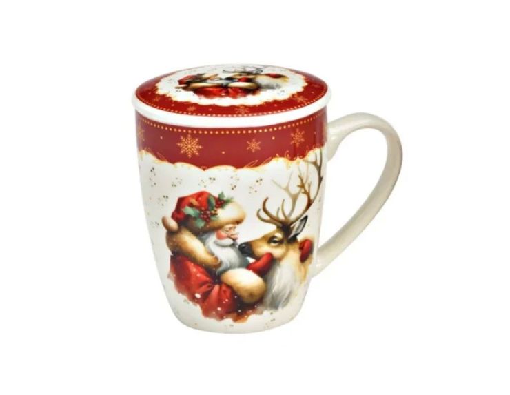 Tasse à thé porcelaine Père Noël renne illustration rouge doré couvercle filtre métallique Noël 350ml
