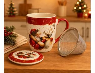 Tasse à thé porcelaine Père Noël renne illustration rouge doré couvercle filtre métallique Noël 350ml