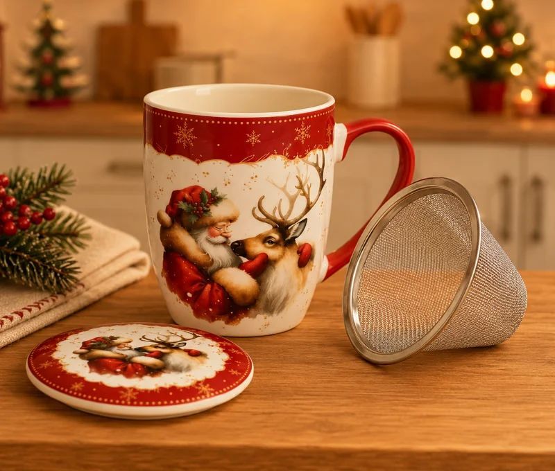Tasse à thé porcelaine Père Noël renne illustration rouge doré couvercle filtre métallique Noël 350ml