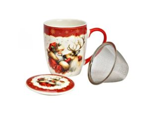 Tasse à thé porcelaine Père Noël renne illustration rouge doré couvercle filtre métallique Noël 350ml