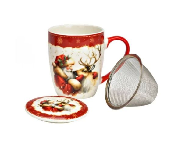 Tasse à thé porcelaine Père Noël renne illustration rouge doré couvercle filtre métallique Noël 350ml