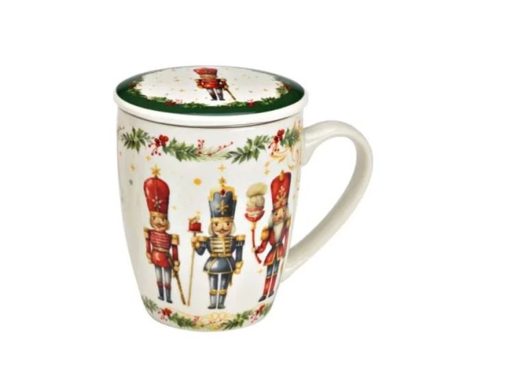 Tasse à thé porcelaine casse-noisettes soldats colorés houx baies rouges couvercle filtre métallique vert doré Noël 350ml