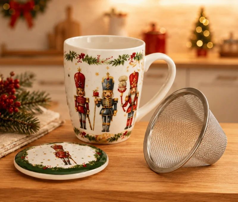 Tasse à thé porcelaine casse-noisettes soldats colorés houx baies rouges couvercle filtre métallique vert doré Noël 350ml
