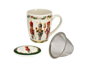 Tasse à thé porcelaine casse-noisettes soldats colorés houx baies rouges couvercle filtre métallique vert doré Noël 350ml