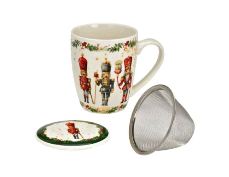 Tasse à thé porcelaine casse-noisettes soldats colorés houx baies rouges couvercle filtre métallique vert doré Noël 350ml