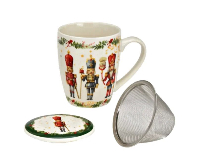 Tasse à thé porcelaine casse-noisettes soldats colorés houx baies rouges couvercle filtre métallique vert doré Noël 350ml