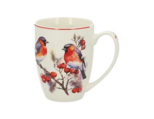 Tasse porcelaine blanche liseré rouge bouvreuils pivoine aquarelle branches baies rouges hiver Noël 350ml