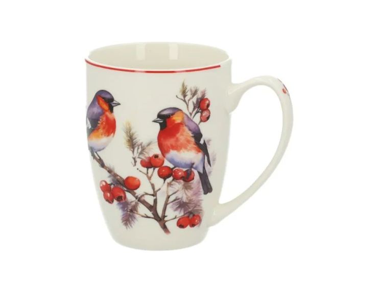 Tasse porcelaine blanche liseré rouge bouvreuils pivoine aquarelle branches baies rouges hiver Noël 350ml